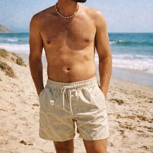 Lite Green & White Striped Swim Trunks - Men's